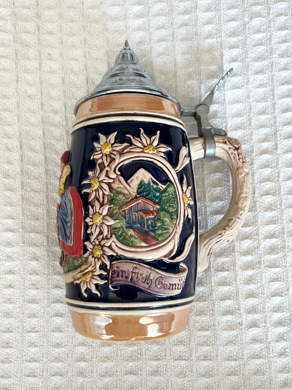 Vintage Hand-Painted Ceramic Beer Stein in Navy Blue and Tan